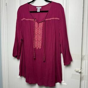 Boho Blouse Womens 2X Maroon Embroidered Pullover French Tassels Southwestern